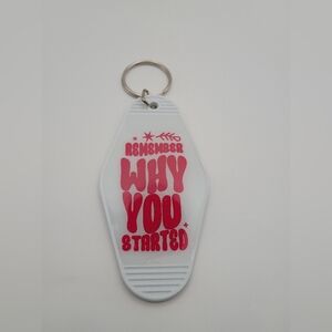 Vintage Style Gray Motel Keychain with Red Motivational Text